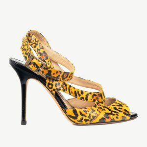 Jimmy Choo "Gray" Yellow Leopard Print Patent Crisscross Sandals